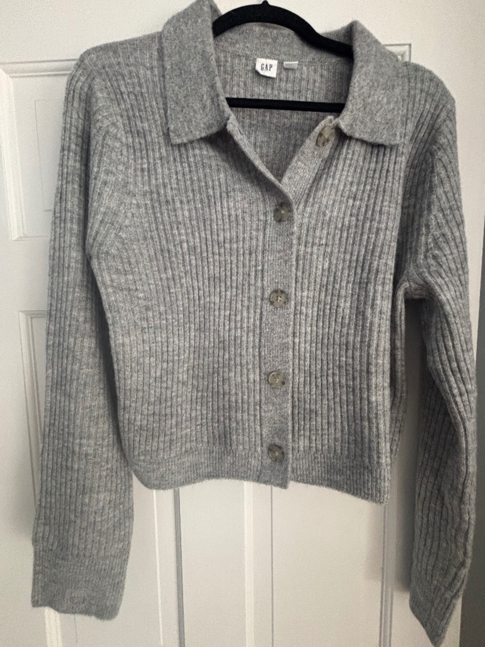 Gap Heather Gray Ribbed Knit Collared Button Cardigan Cropped Sweater L